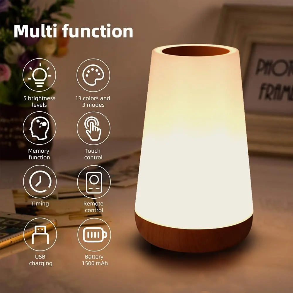 Wood Grain Style Touch Bedside Night Lamp, USB Rechargeable Night Light with Remote & Timer, Dimmable Night Light for Bedroom, Living Room, Party & Camping, Lighting Modes Adjustable