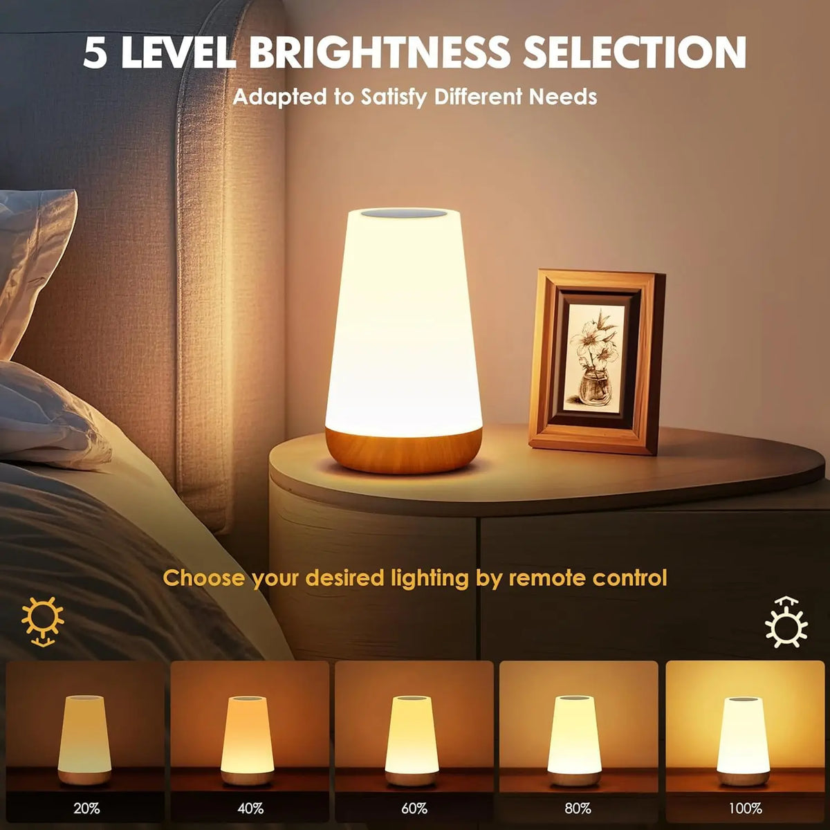 Wood Grain Style Touch Bedside Night Lamp, USB Rechargeable Night Light with Remote & Timer, Dimmable Night Light for Bedroom, Living Room, Party & Camping, Lighting Modes Adjustable