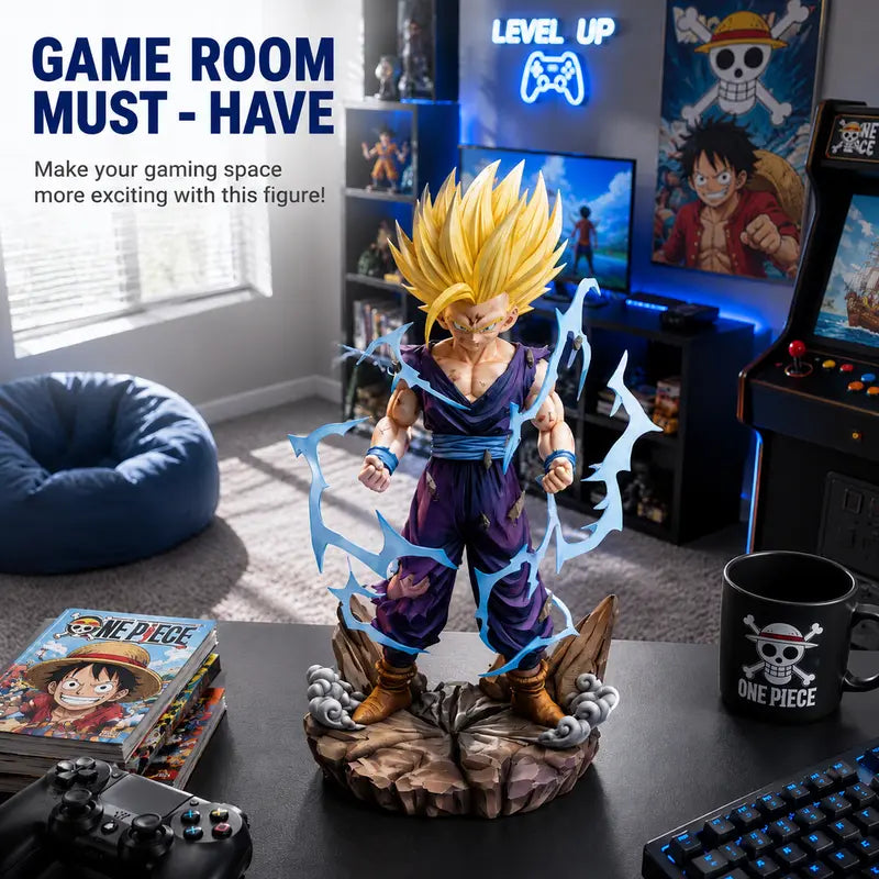 Anime Figure PVC Blonde Youth Warrior Collectible Statue, Lightning Effect Battle Diorama with Rock Base, Desktop Display Ornament, Halloween Christmas Holiday Gift for Anime Collectors & Hobbyists Sohochic Giftideas