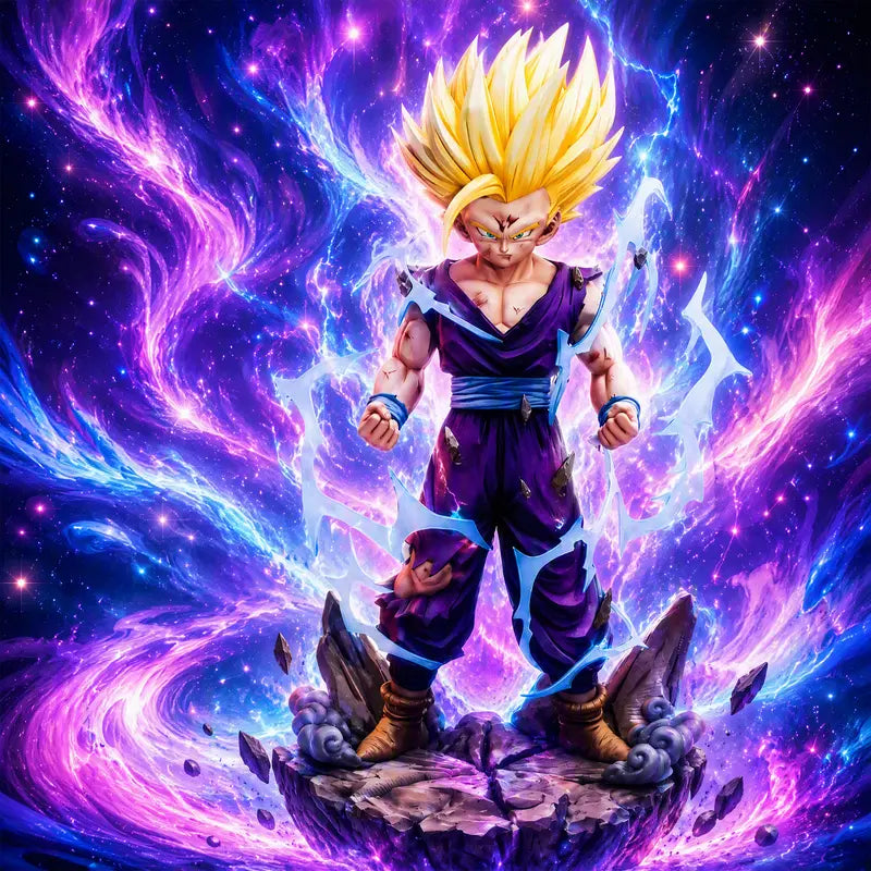 Anime Figure PVC Blonde Youth Warrior Collectible Statue, Lightning Effect Battle Diorama with Rock Base, Desktop Display Ornament, Halloween Christmas Holiday Gift for Anime Collectors & Hobbyists Sohochic Giftideas